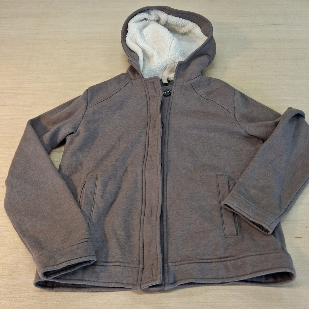 Banana Republic Hoodie Jacket Womens M Gray Sherpa Lined Full Zip Button EUC
